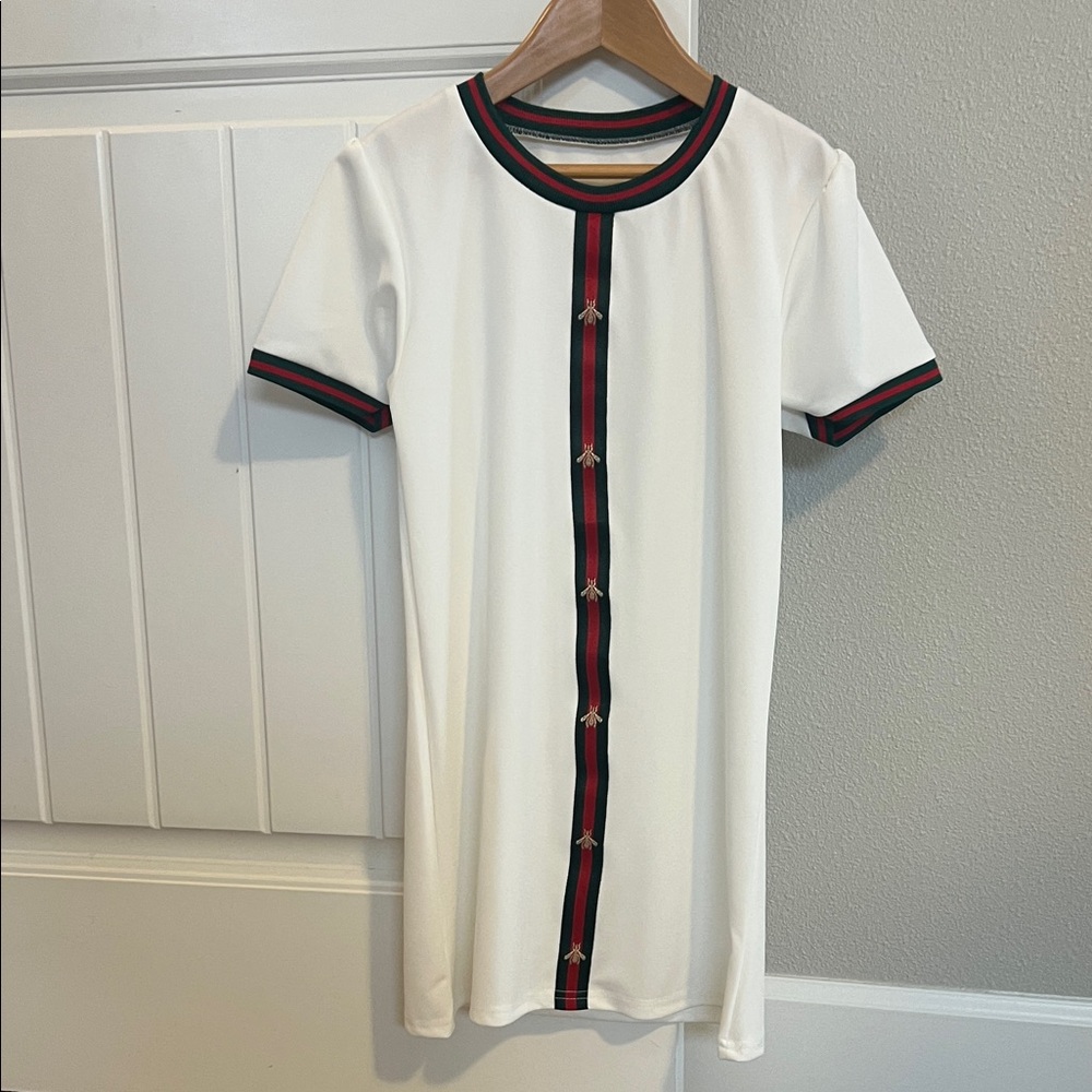 White Short Sleeve Dress with Black and Red Trim